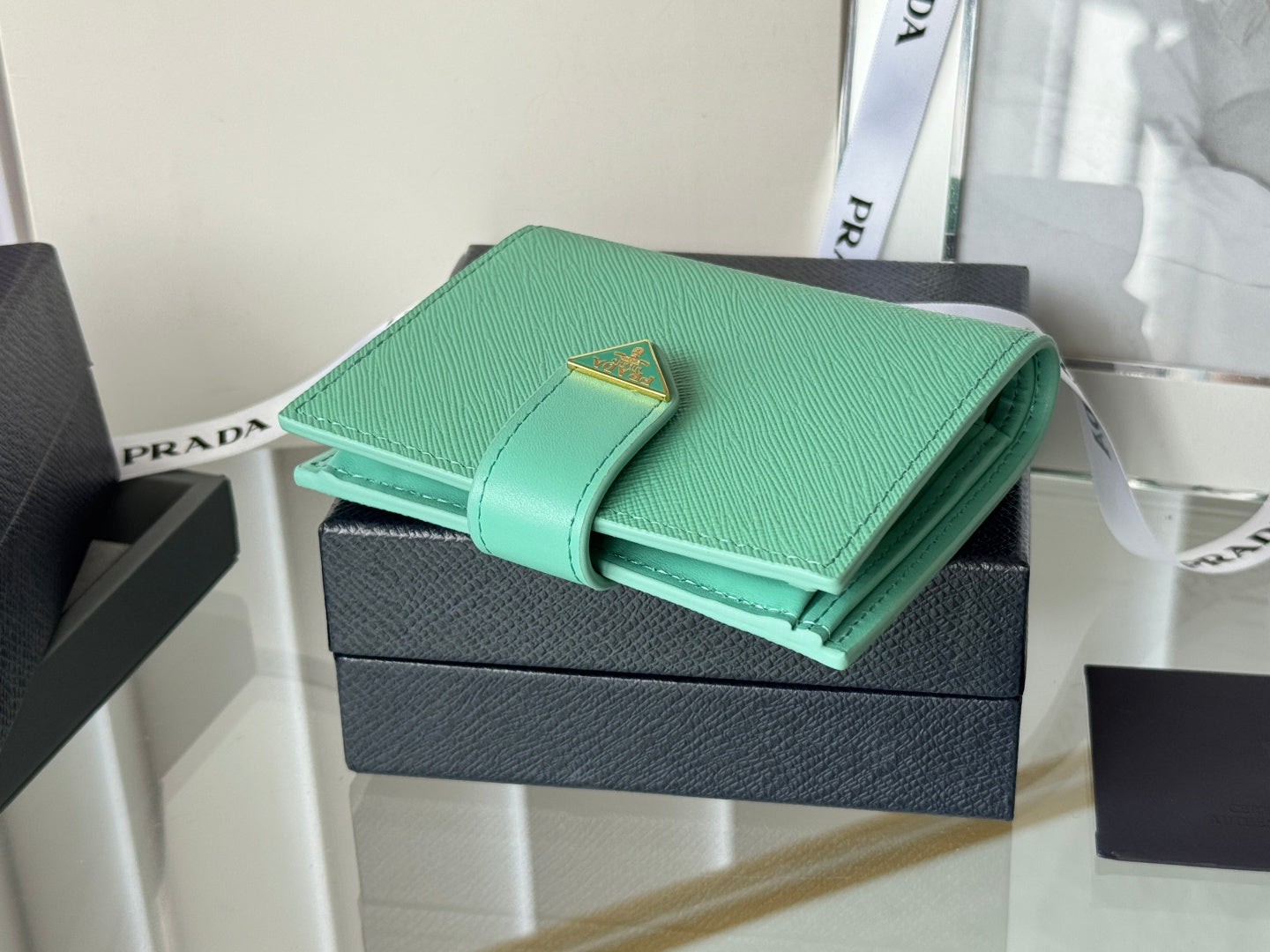 Pra 1MV204 Small Wallet Light Green Saffiano & Smooth Leather mysite