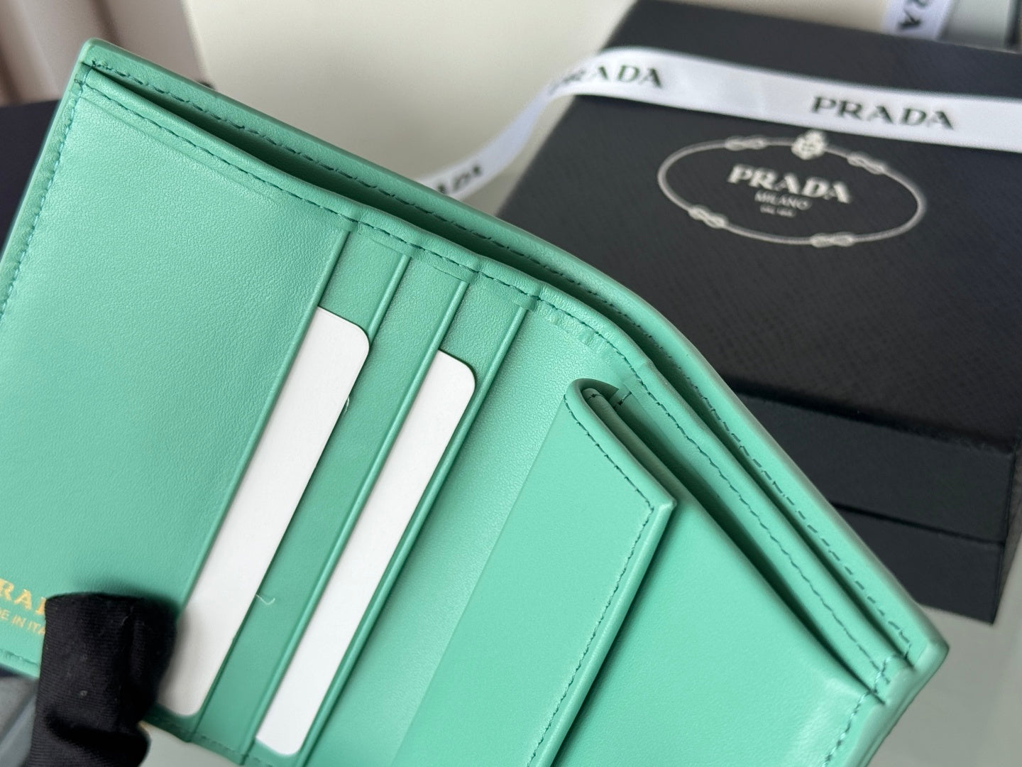 Pra 1MV204 Small Wallet Light Green Saffiano & Smooth Leather mysite