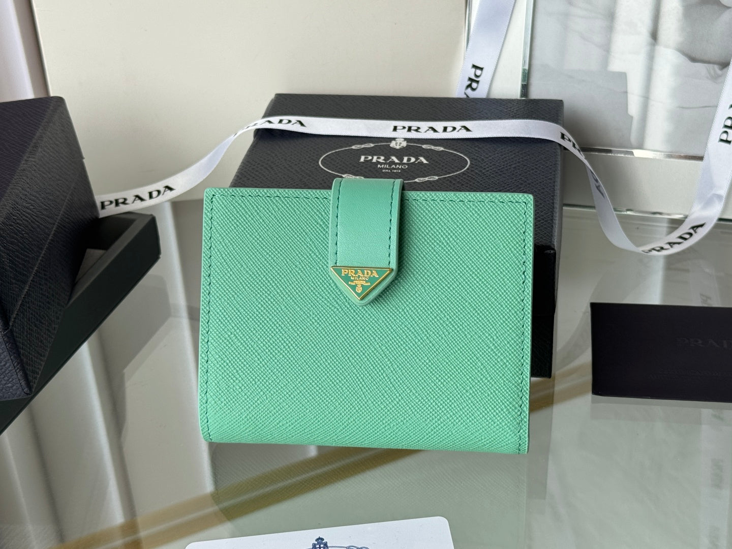 Pra 1MV204 Small Wallet Light Green Saffiano & Smooth Leather mysite