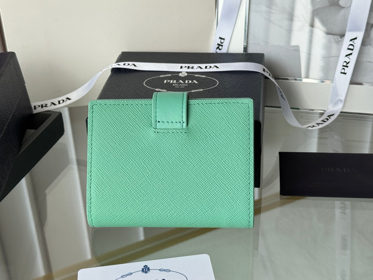 Pra 1MV204 Small Wallet Light Green Saffiano & Smooth Leather mysite