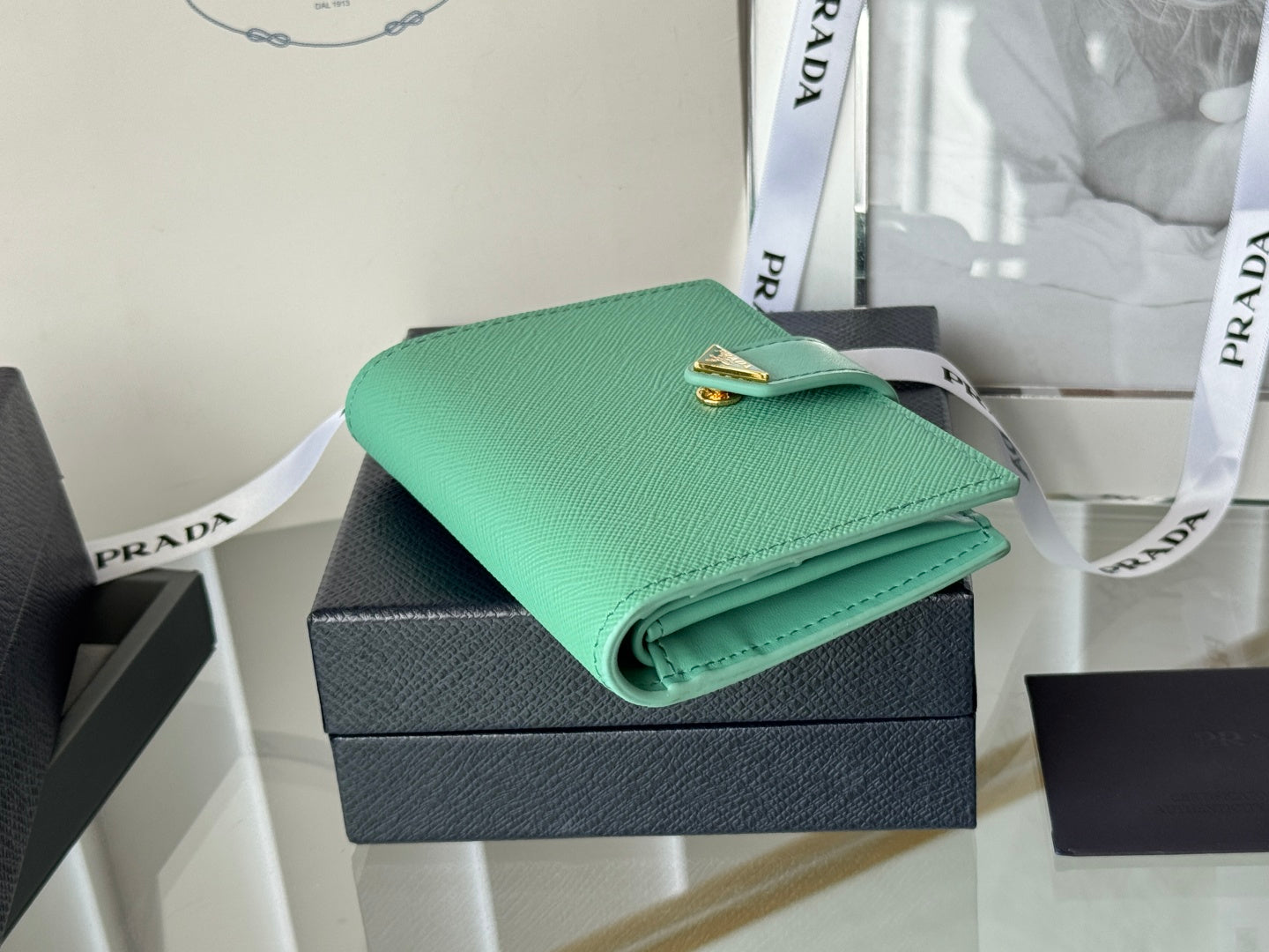 Pra 1MV204 Small Wallet Light Green Saffiano & Smooth Leather mysite