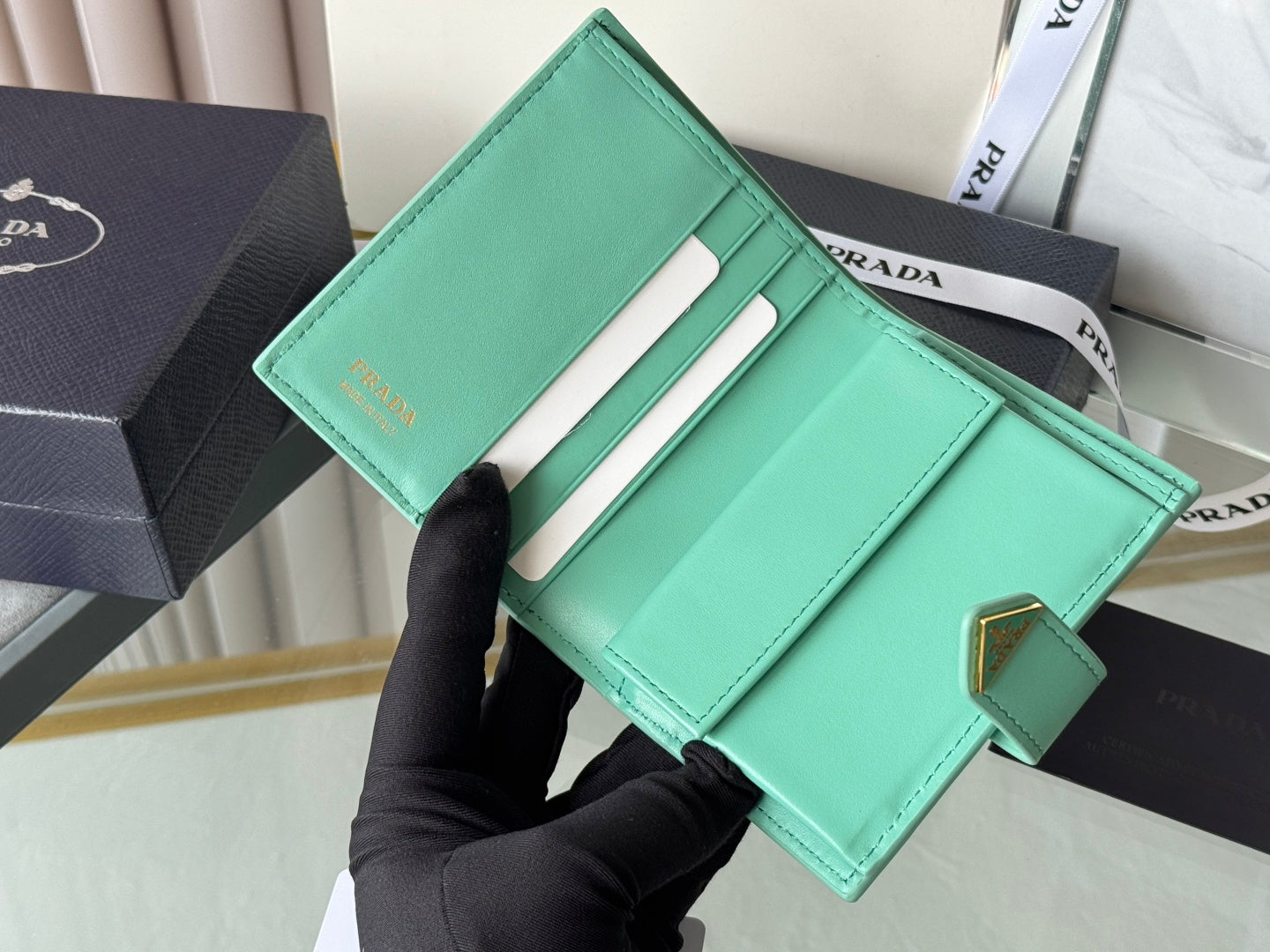 Pra 1MV204 Small Wallet Light Green Saffiano & Smooth Leather mysite