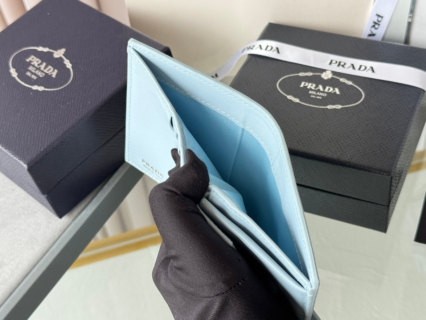 Pra 1MV204 Small Wallet Light Blue Saffiano & Smooth Leather mysite