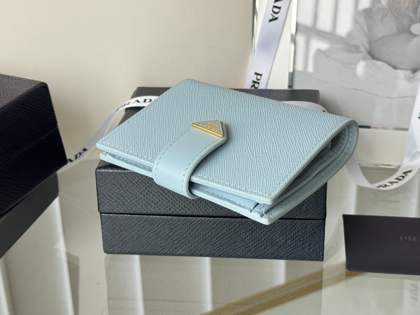 Pra 1MV204 Small Wallet Light Blue Saffiano & Smooth Leather mysite