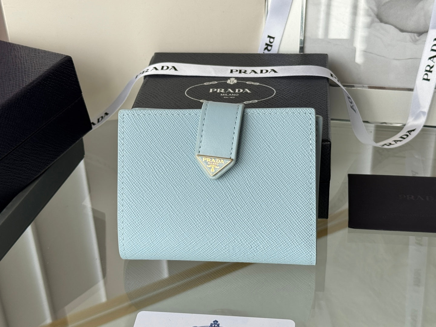 Pra 1MV204 Small Wallet Light Blue Saffiano & Smooth Leather mysite