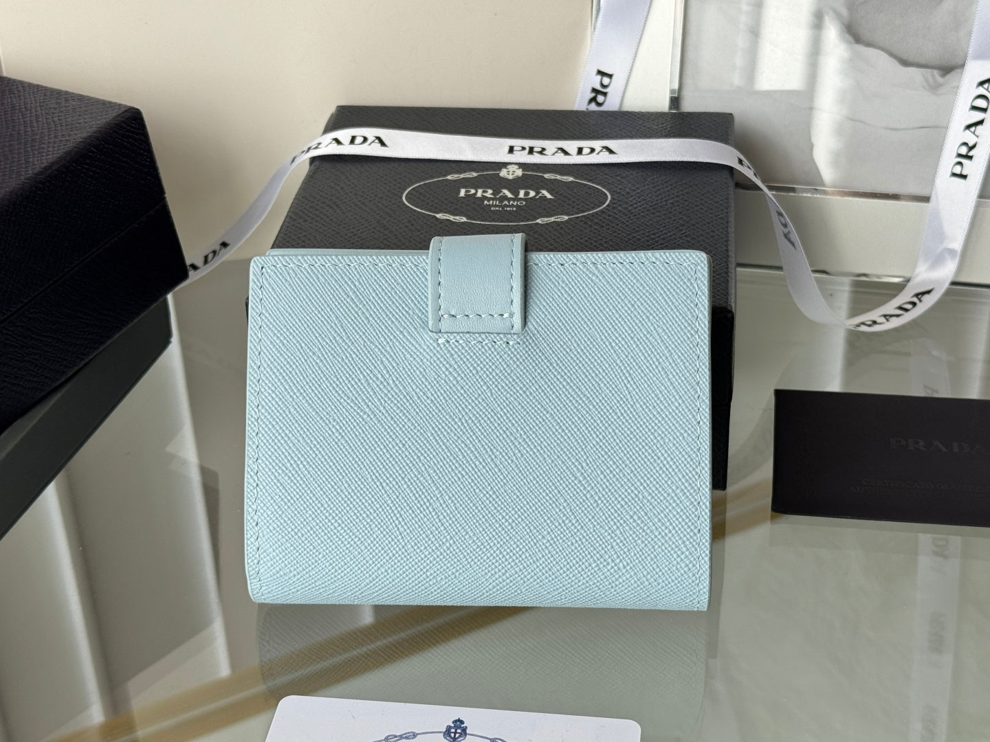 Pra 1MV204 Small Wallet Light Blue Saffiano & Smooth Leather mysite