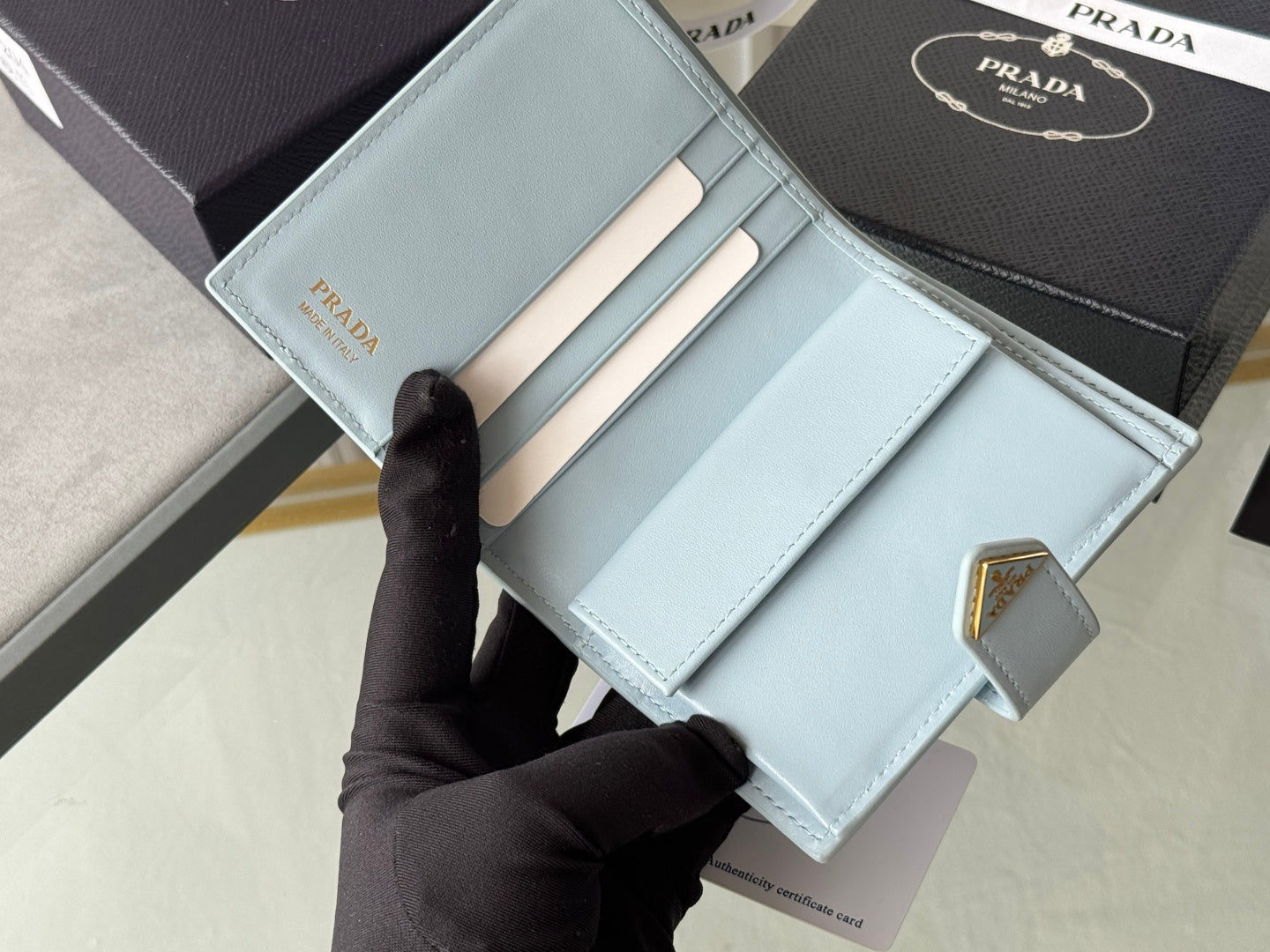 Pra 1MV204 Small Wallet Light Blue Saffiano & Smooth Leather mysite