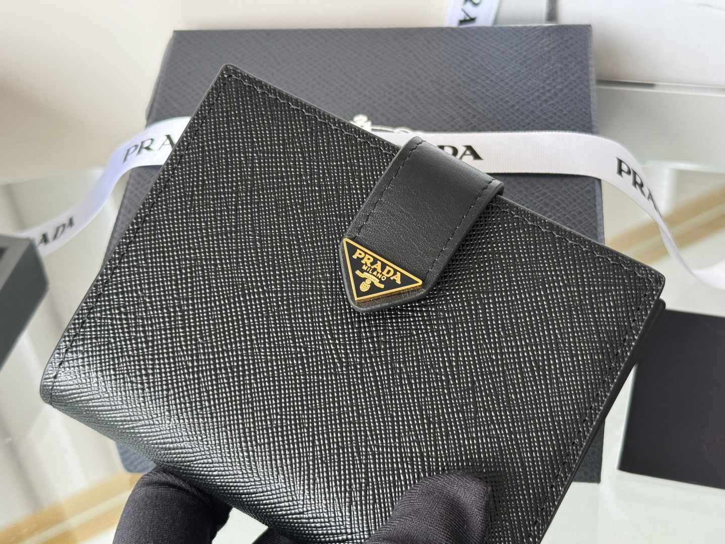 Pra 1MV204 Small Wallet Black Gold Tone Saffiano & Smooth Leather mysite