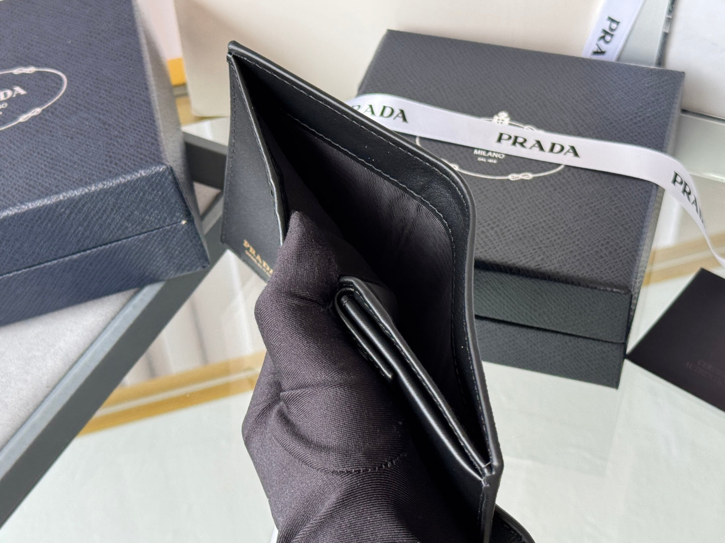 Pra 1MV204 Small Wallet Black Gold Tone Saffiano & Smooth Leather mysite