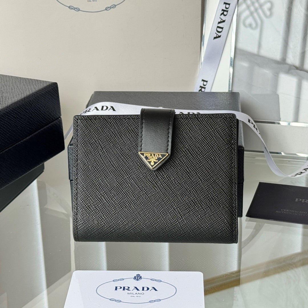 Pra 1MV204 Small Wallet Black Gold Tone Saffiano & Smooth Leather mysite