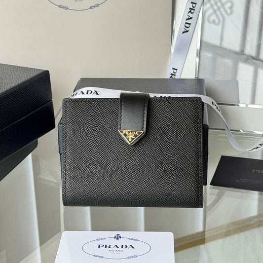 Pra 1MV204 Small Wallet Black Gold Tone Saffiano & Smooth Leather mysite