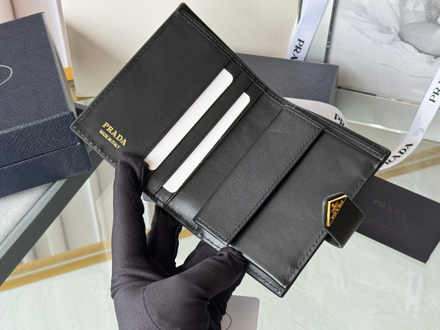 Pra 1MV204 Small Wallet Black Gold Tone Saffiano & Smooth Leather mysite