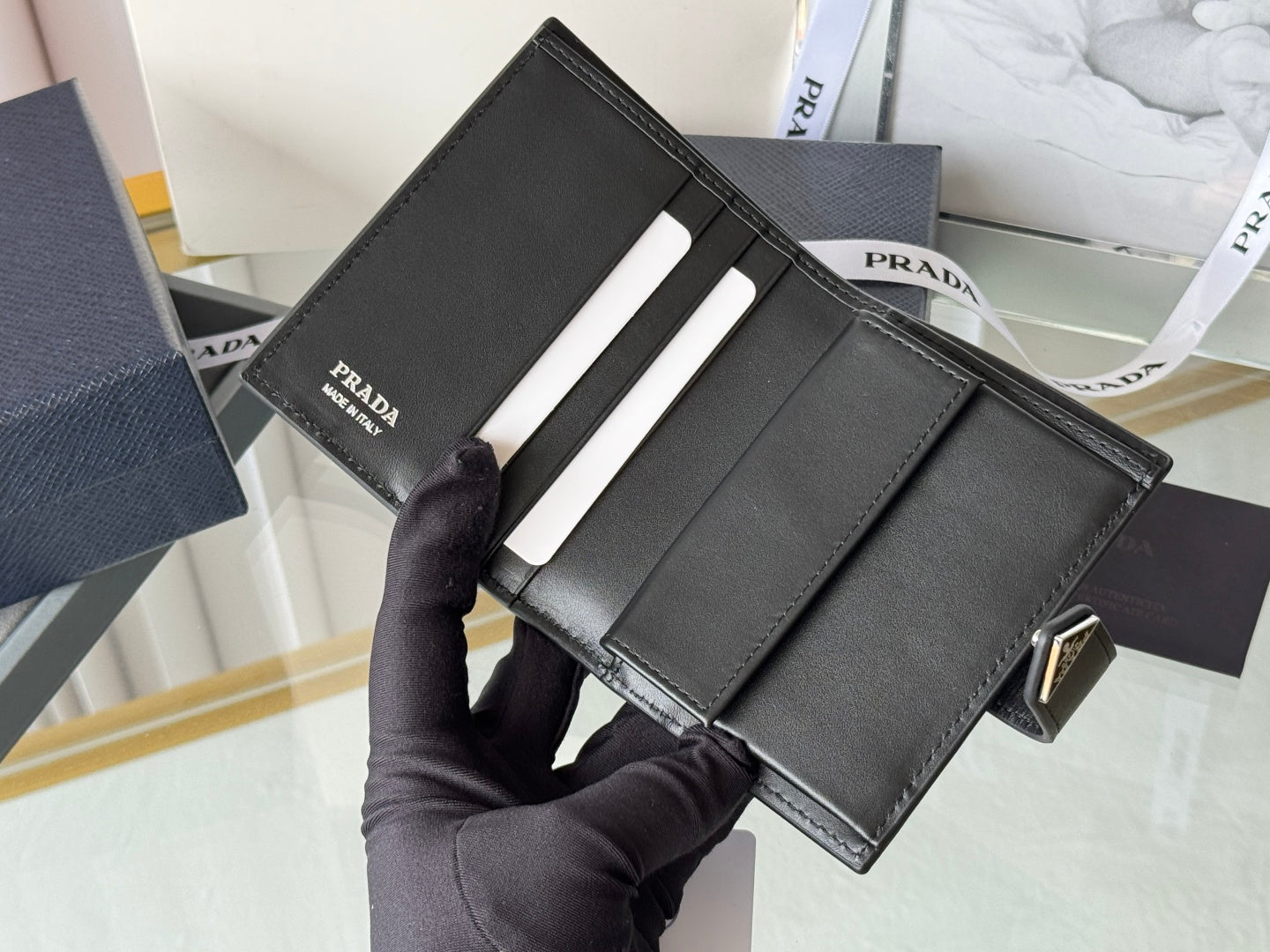 Pra 1MV204 Small Wallet Black Silver Tone Saffiano & Smooth Leather mysite