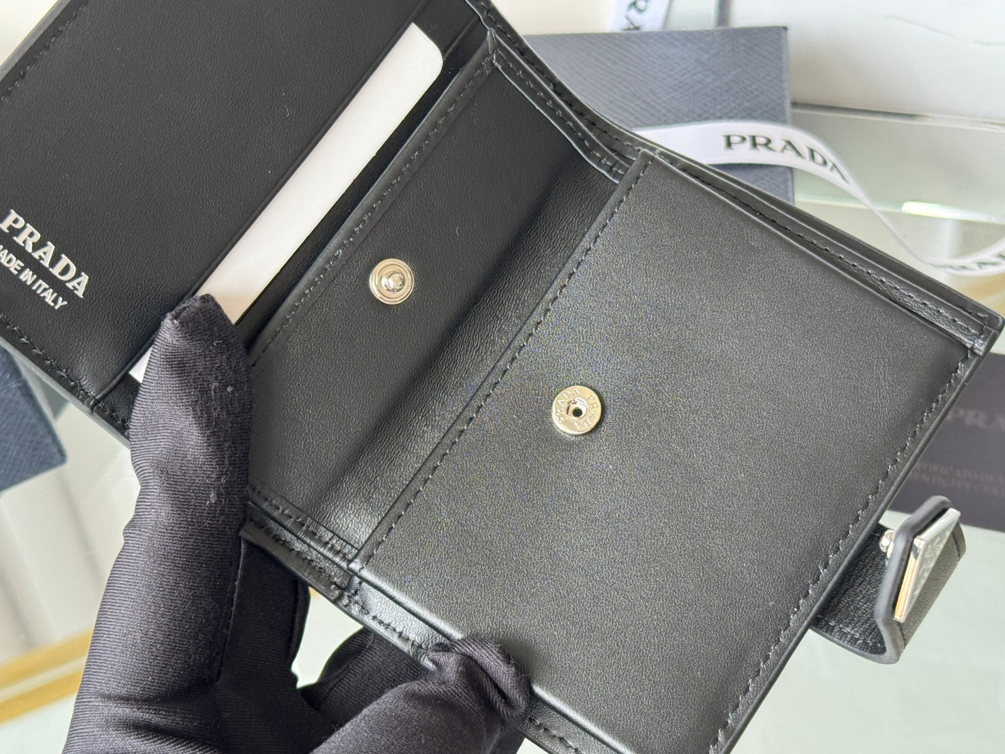 Pra 1MV204 Small Wallet Black Silver Tone Saffiano & Smooth Leather mysite