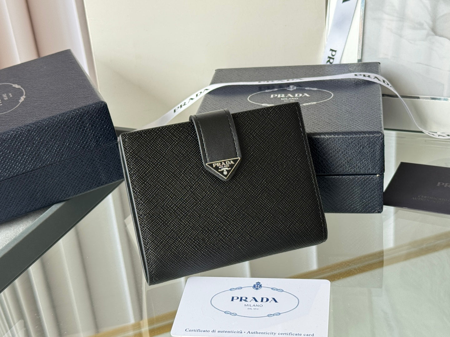 Pra 1MV204 Small Wallet Black Silver Tone Saffiano & Smooth Leather mysite