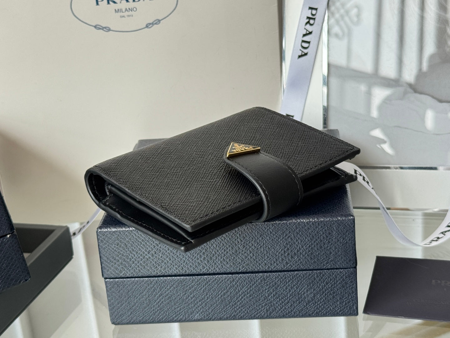 Pra 1MV204 Small Wallet Black Gold Tone Saffiano & Smooth Leather mysite