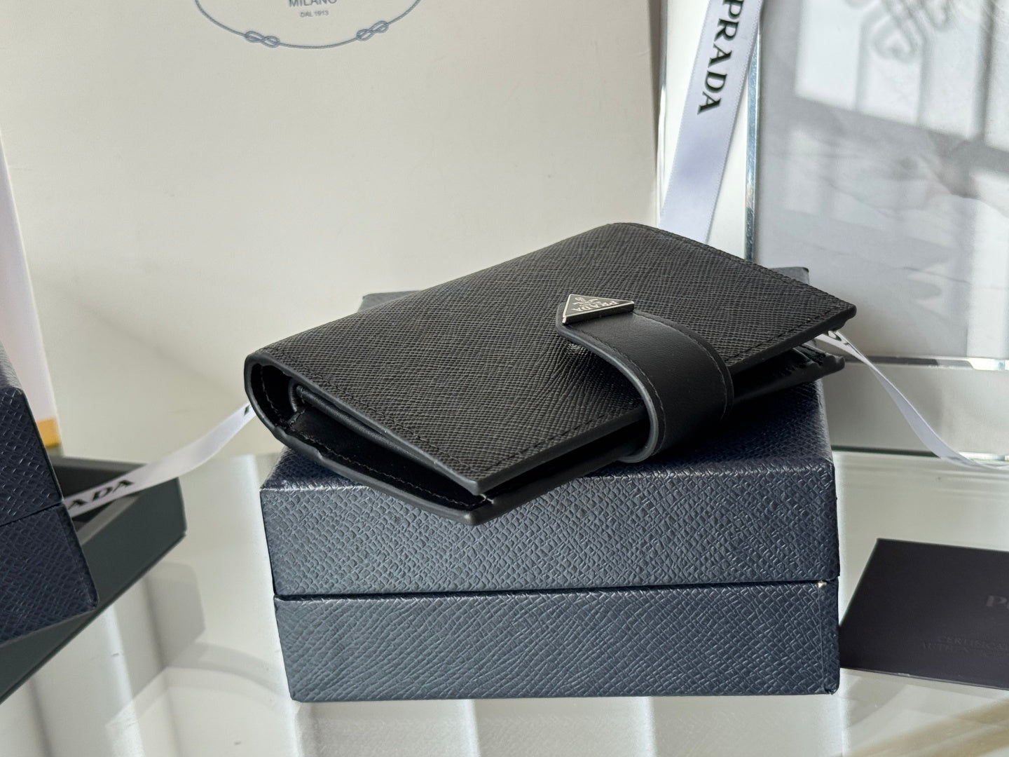 Pra 1MV204 Small Wallet Black Silver Tone Saffiano & Smooth Leather mysite