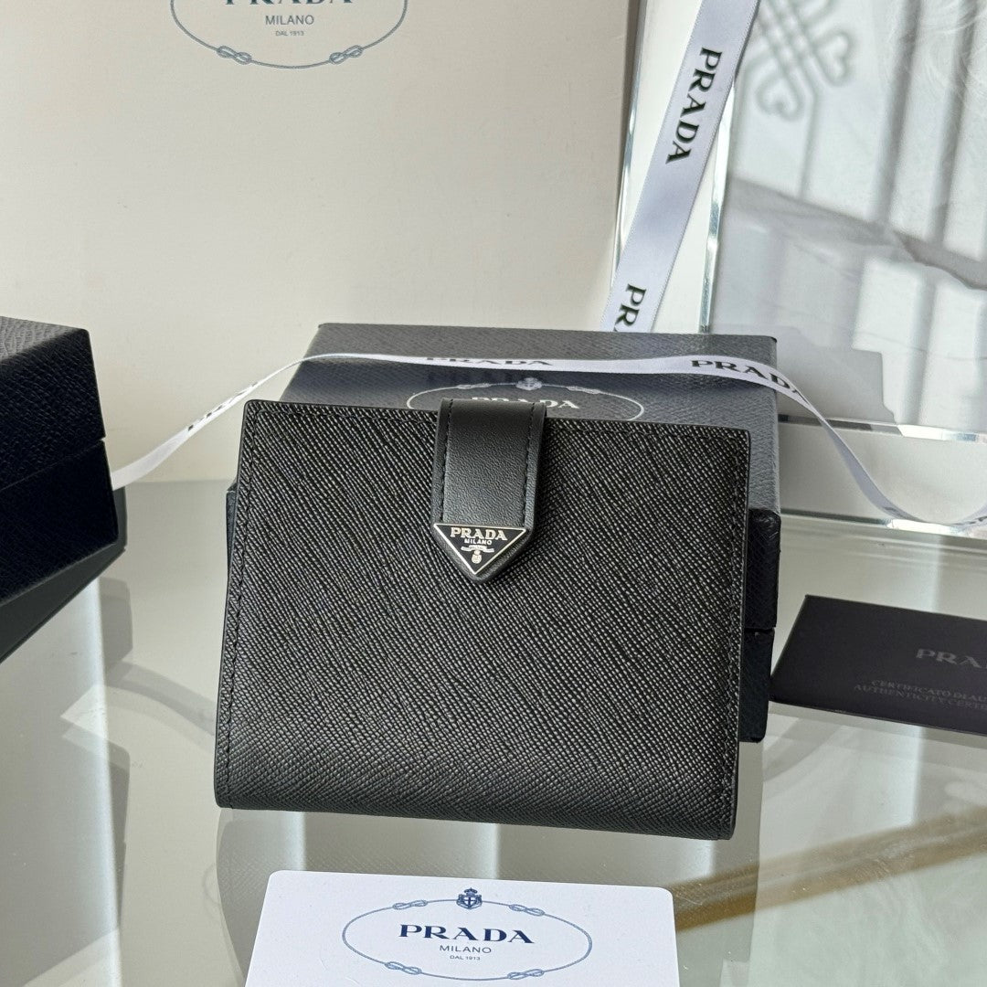 Pra 1MV204 Small Wallet Black Silver Tone Saffiano & Smooth Leather mysite