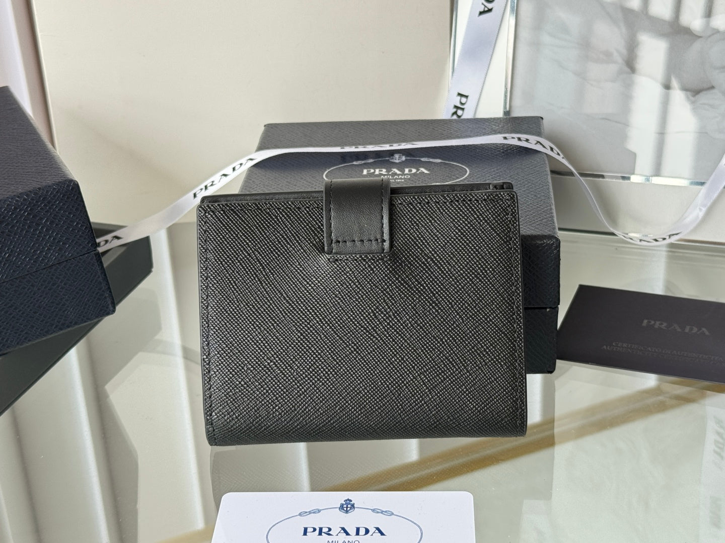 Pra 1MV204 Small Wallet Black Silver Tone Saffiano & Smooth Leather mysite