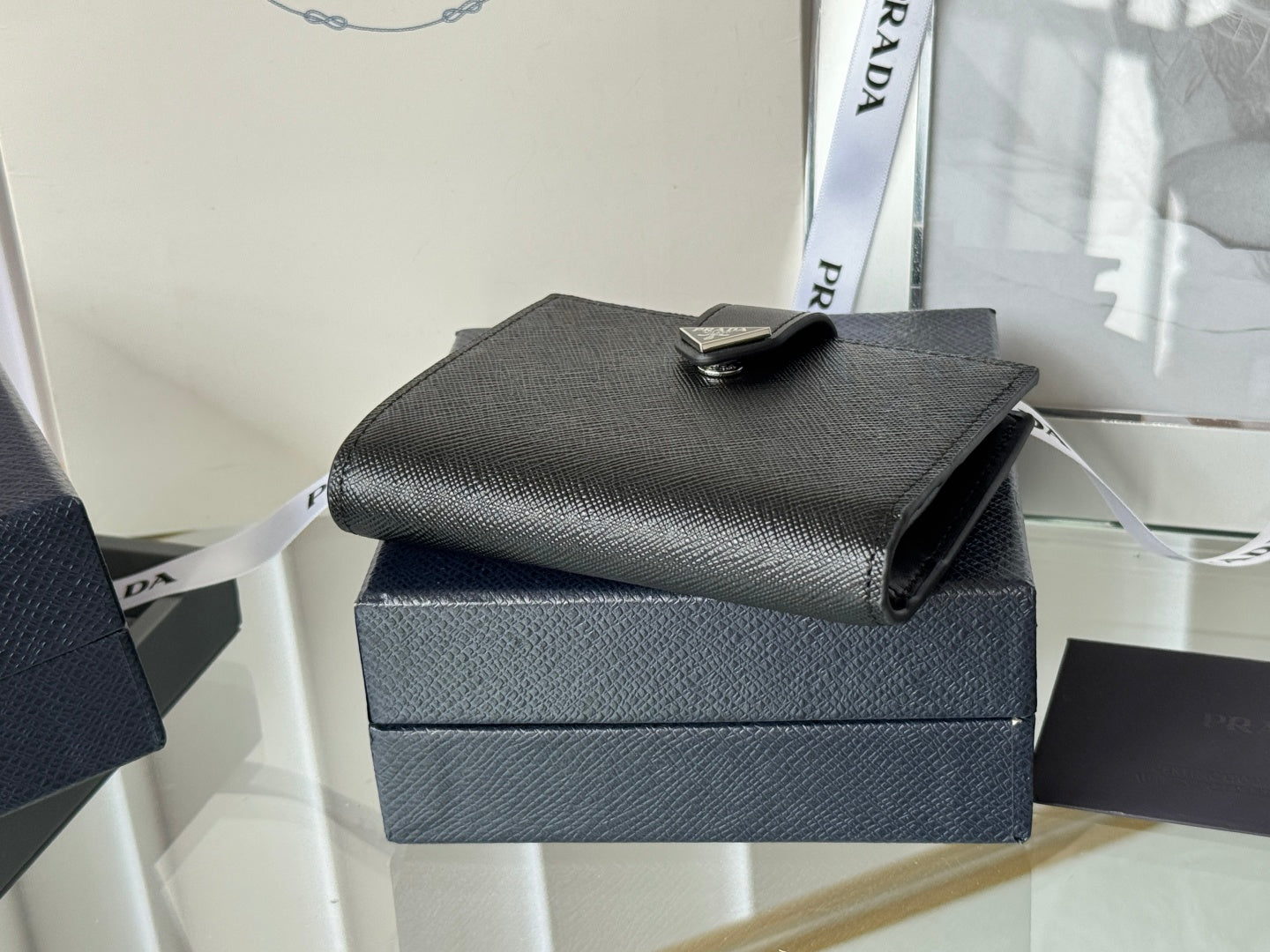 Pra 1MV204 Small Wallet Black Silver Tone Saffiano & Smooth Leather mysite