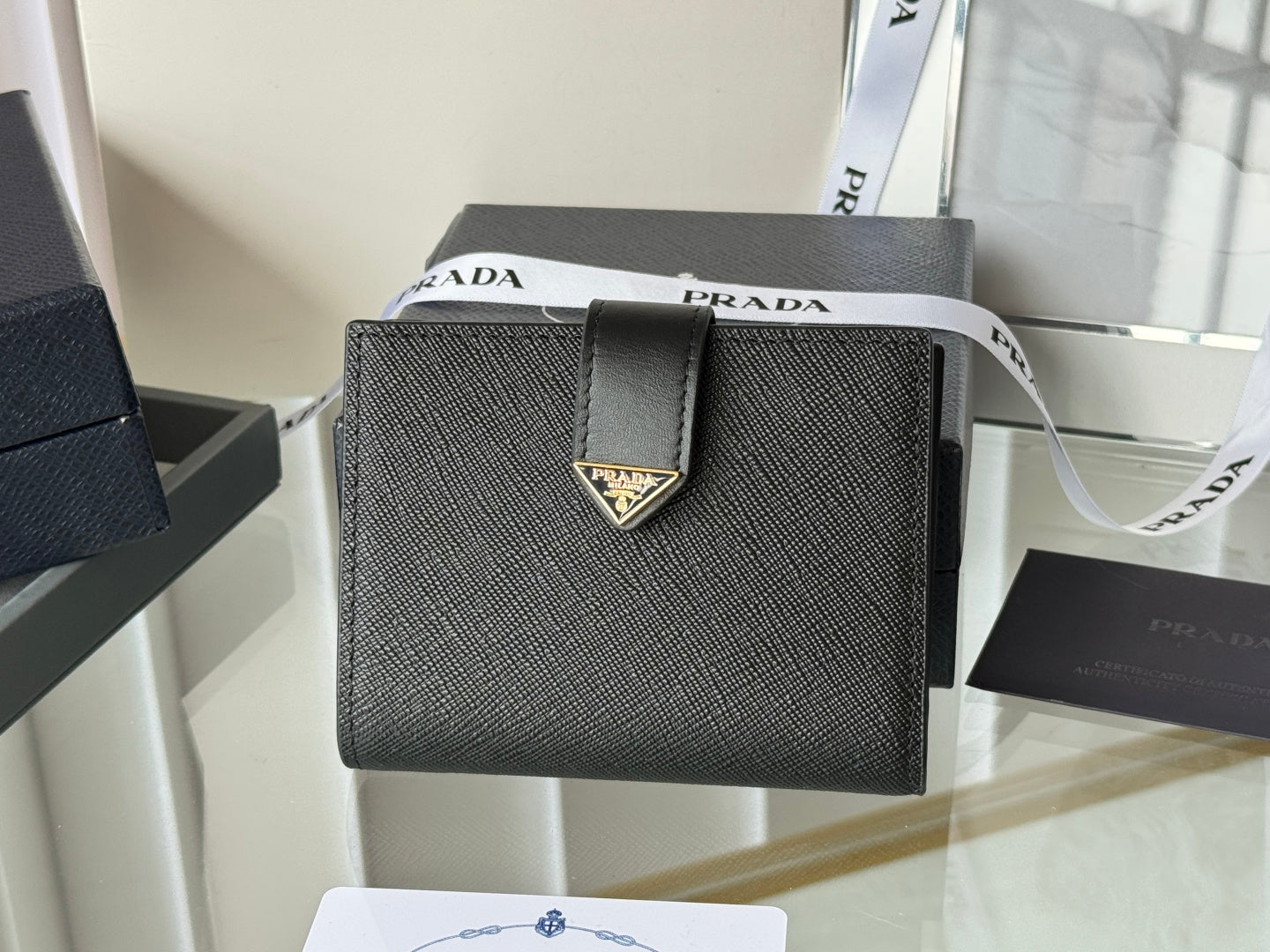 Pra 1MV204 Small Wallet Black Gold Tone Saffiano & Smooth Leather mysite