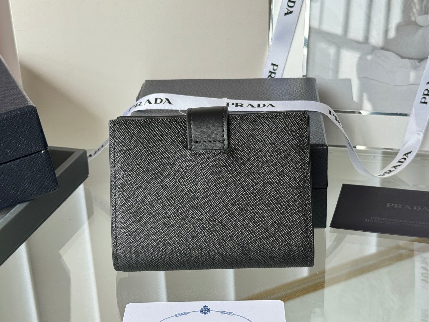 Pra 1MV204 Small Wallet Black Gold Tone Saffiano & Smooth Leather mysite