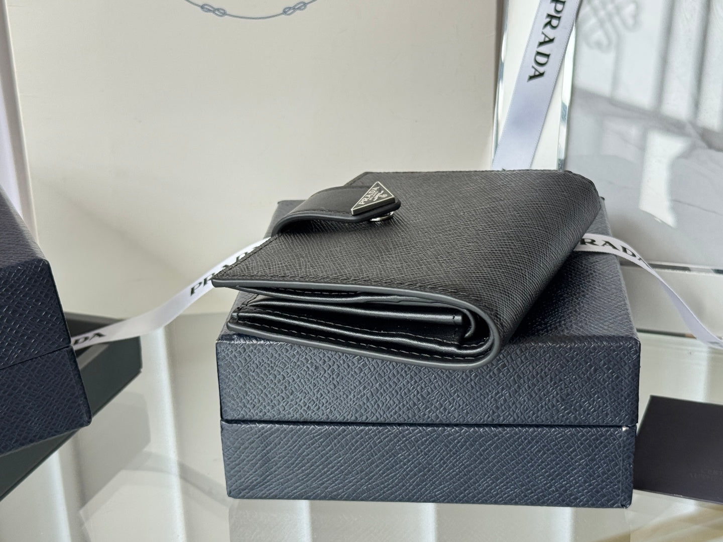 Pra 1MV204 Small Wallet Black Silver Tone Saffiano & Smooth Leather mysite