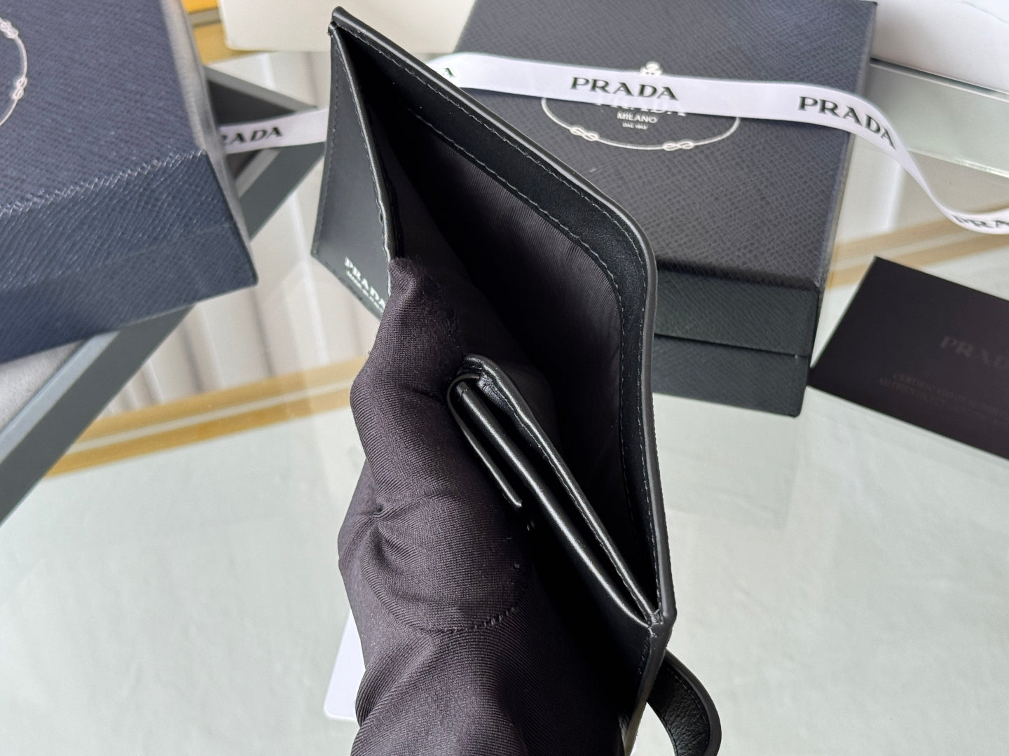 Pra 1MV204 Small Wallet Black Silver Tone Saffiano & Smooth Leather mysite