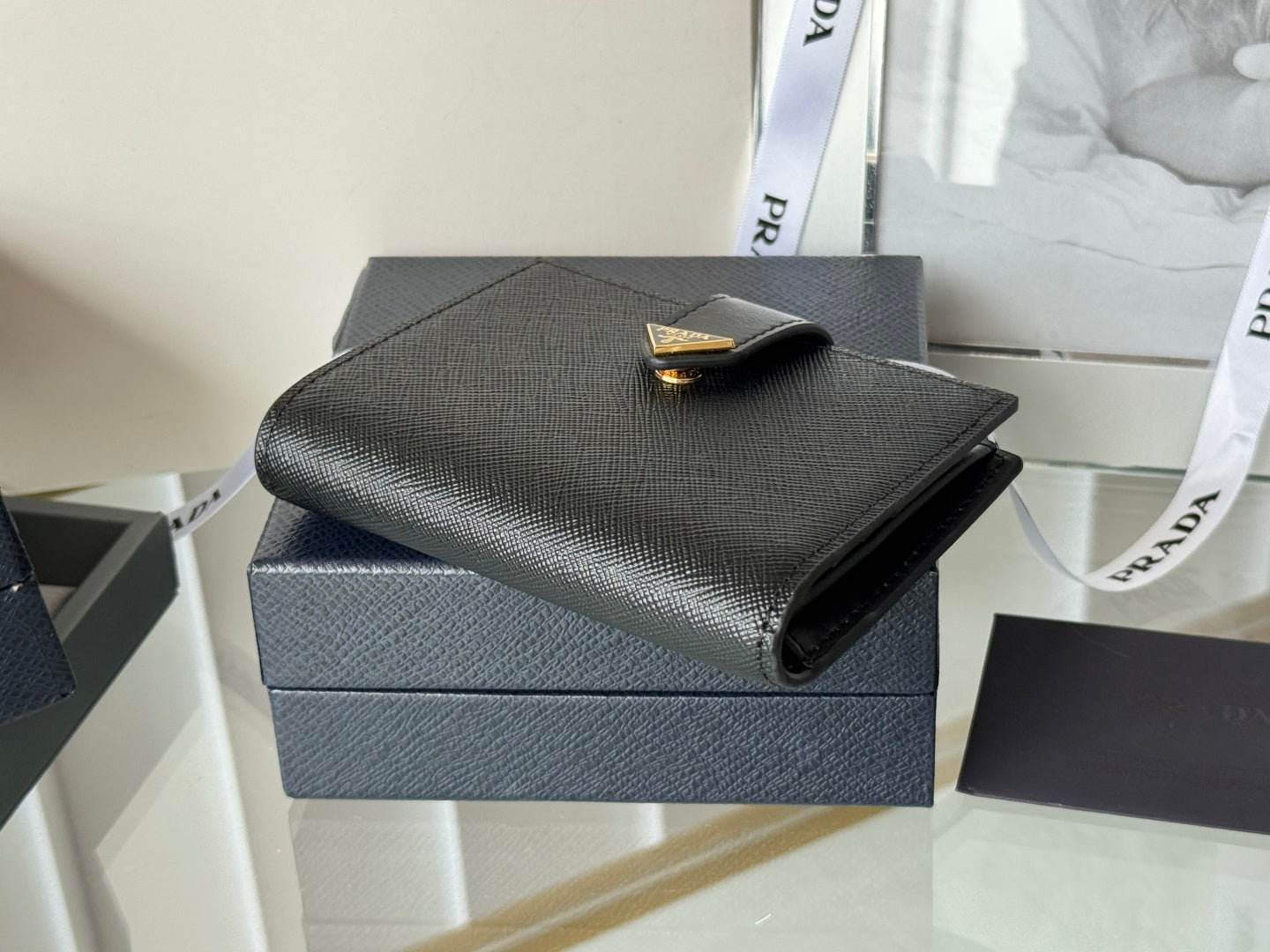 Pra 1MV204 Small Wallet Black Gold Tone Saffiano & Smooth Leather mysite