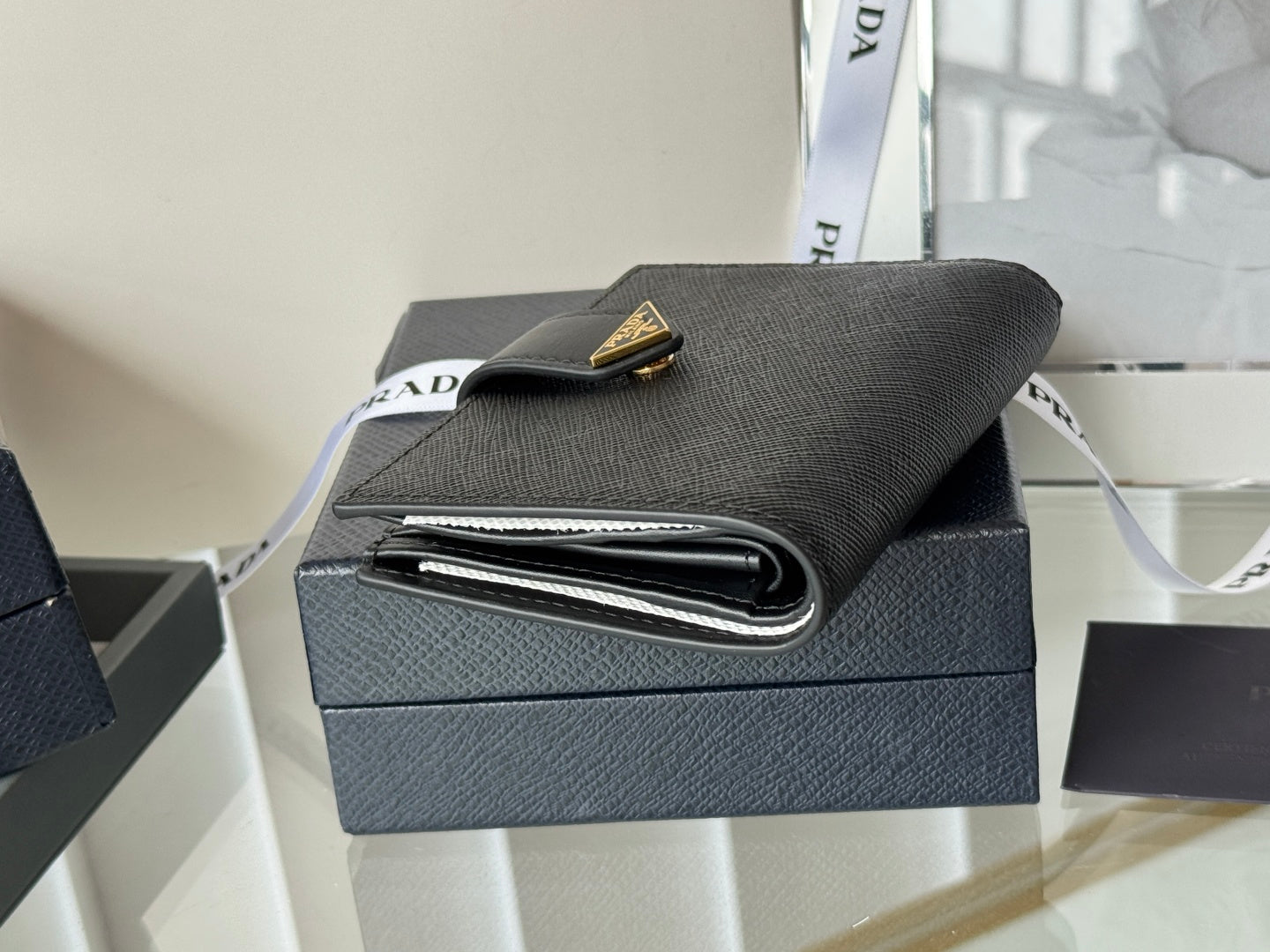 Pra 1MV204 Small Wallet Black Gold Tone Saffiano & Smooth Leather mysite