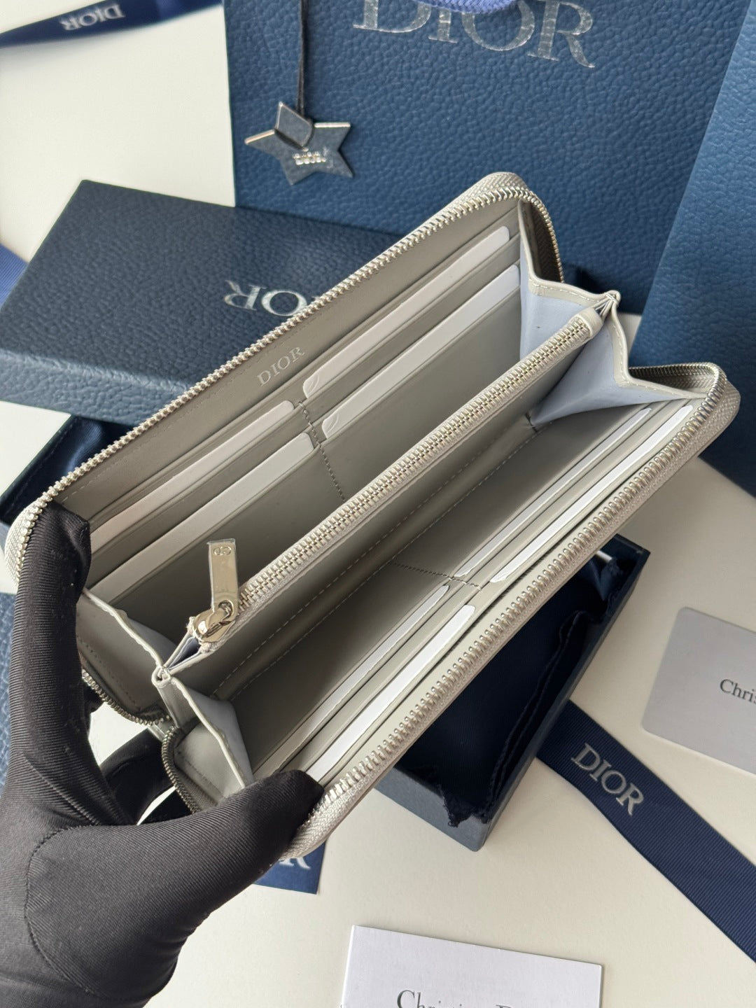 CD Diamond Zipped Long Wallet Grey White Canvas & Cowhide mysite