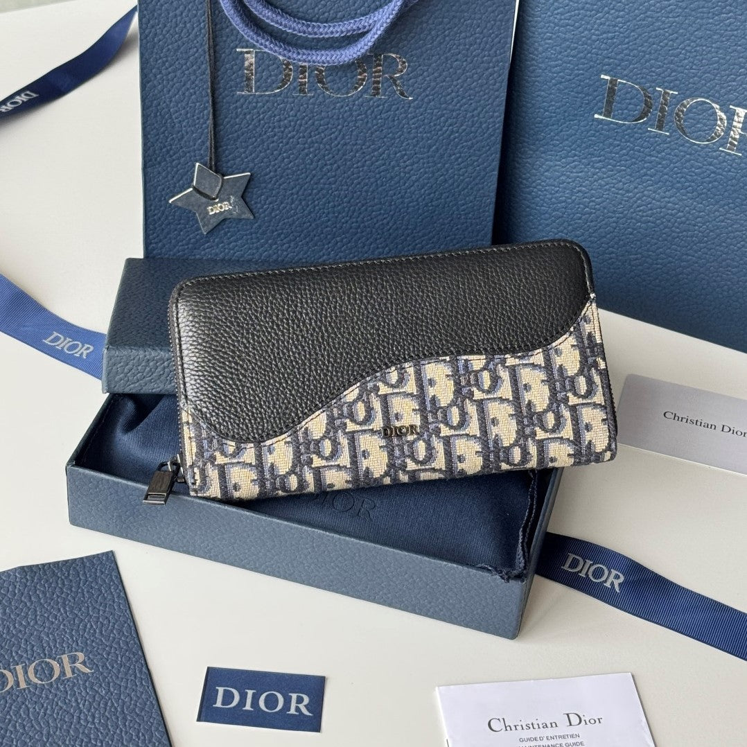 CD Saddle Long Zipped Wallet Black Beige Grain Cowhide & Jacquard mysite