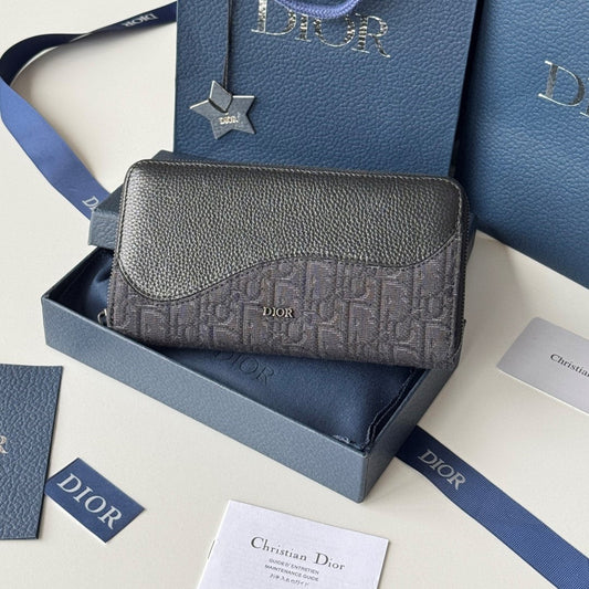 CD Saddle Long Zipped Wallet Black Grain Cowhide & Jacquard mysite