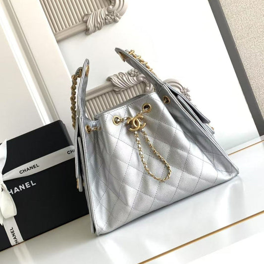 CC 25C Hobo Bag 30cm Silver Metalic Grained Calfskin mysite