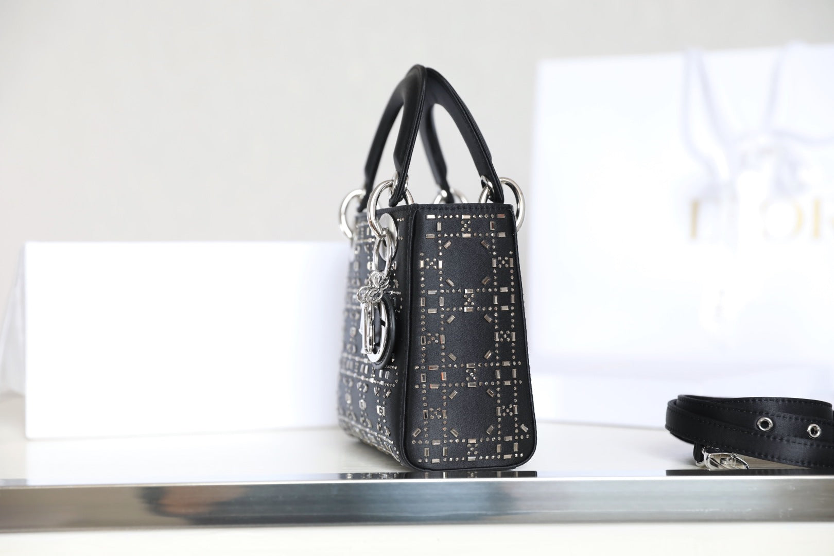 CD Lady Dior Mini Diamond Bag Black Satin mysite