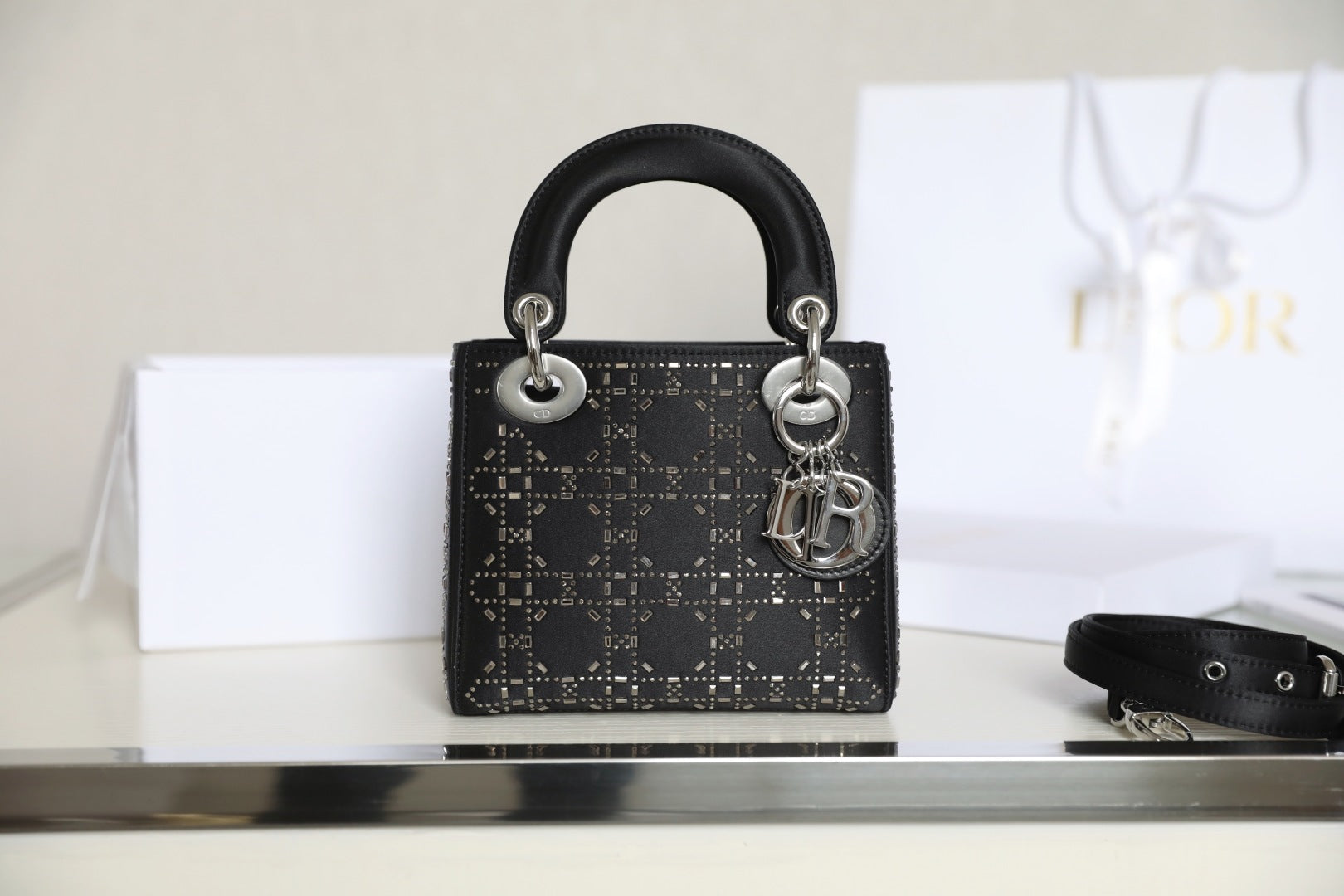 CD Lady Dior Mini Diamond Bag Black Satin mysite