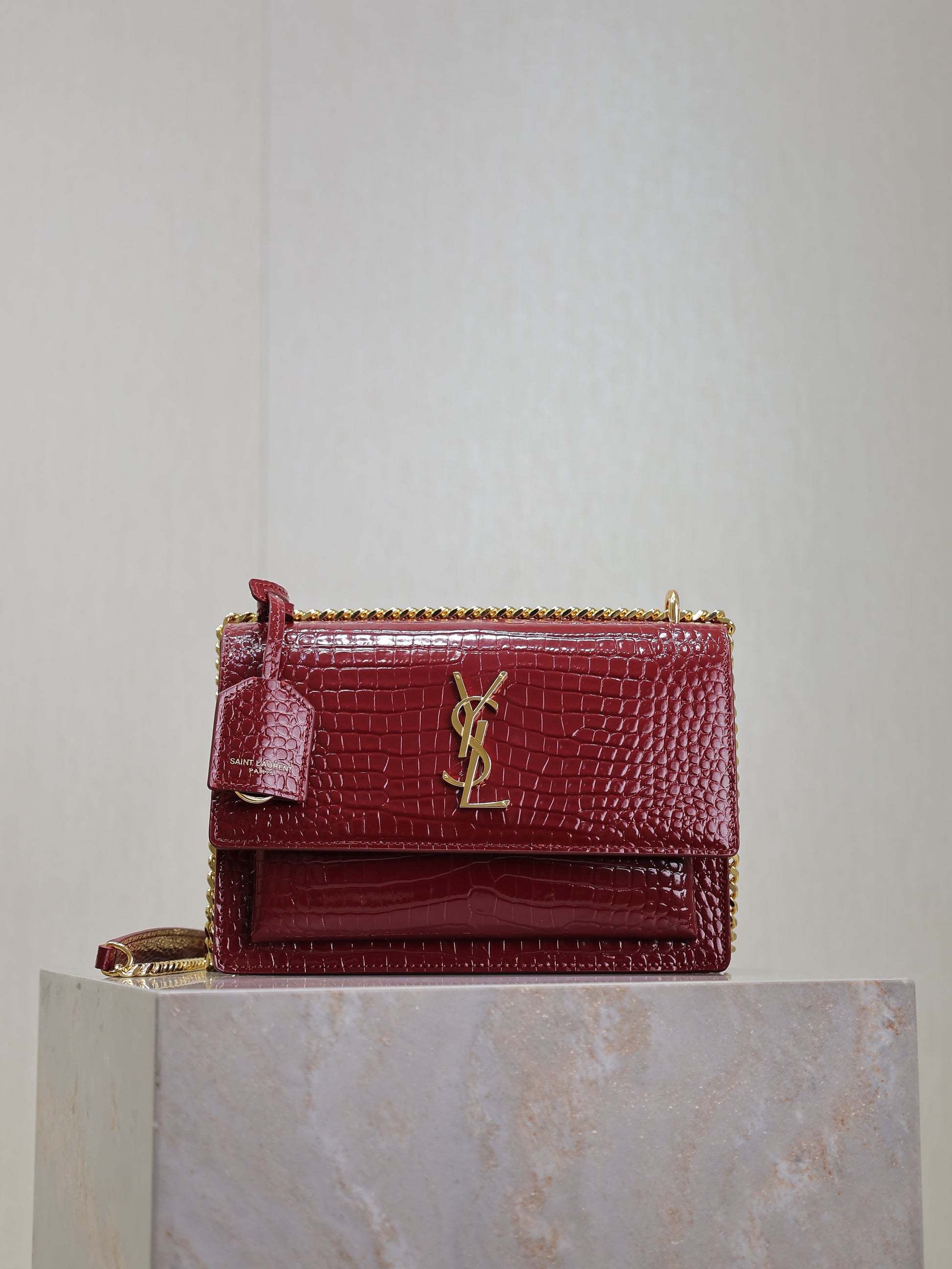 YSL Medium Sunset Shoulder Bag 22cm Burgundy Crocodile Pattern Leather mysite