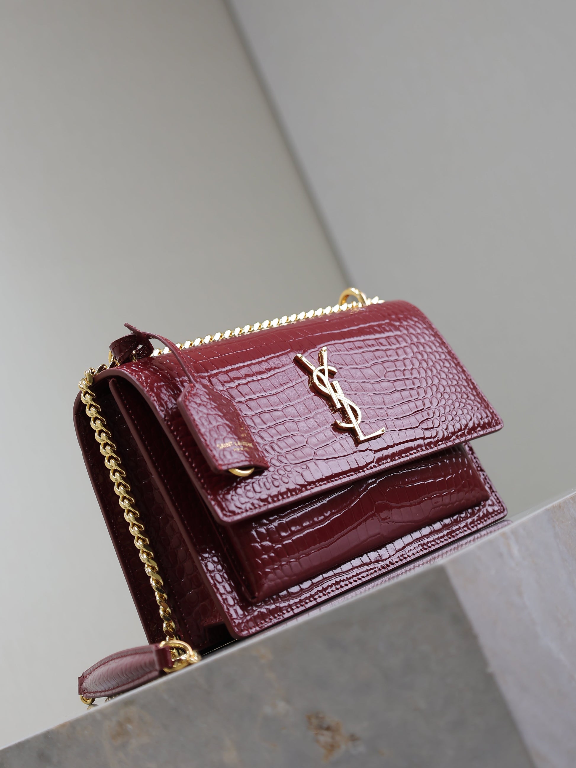 YSL Medium Sunset Shoulder Bag 22cm Burgundy Crocodile Pattern Leather mysite