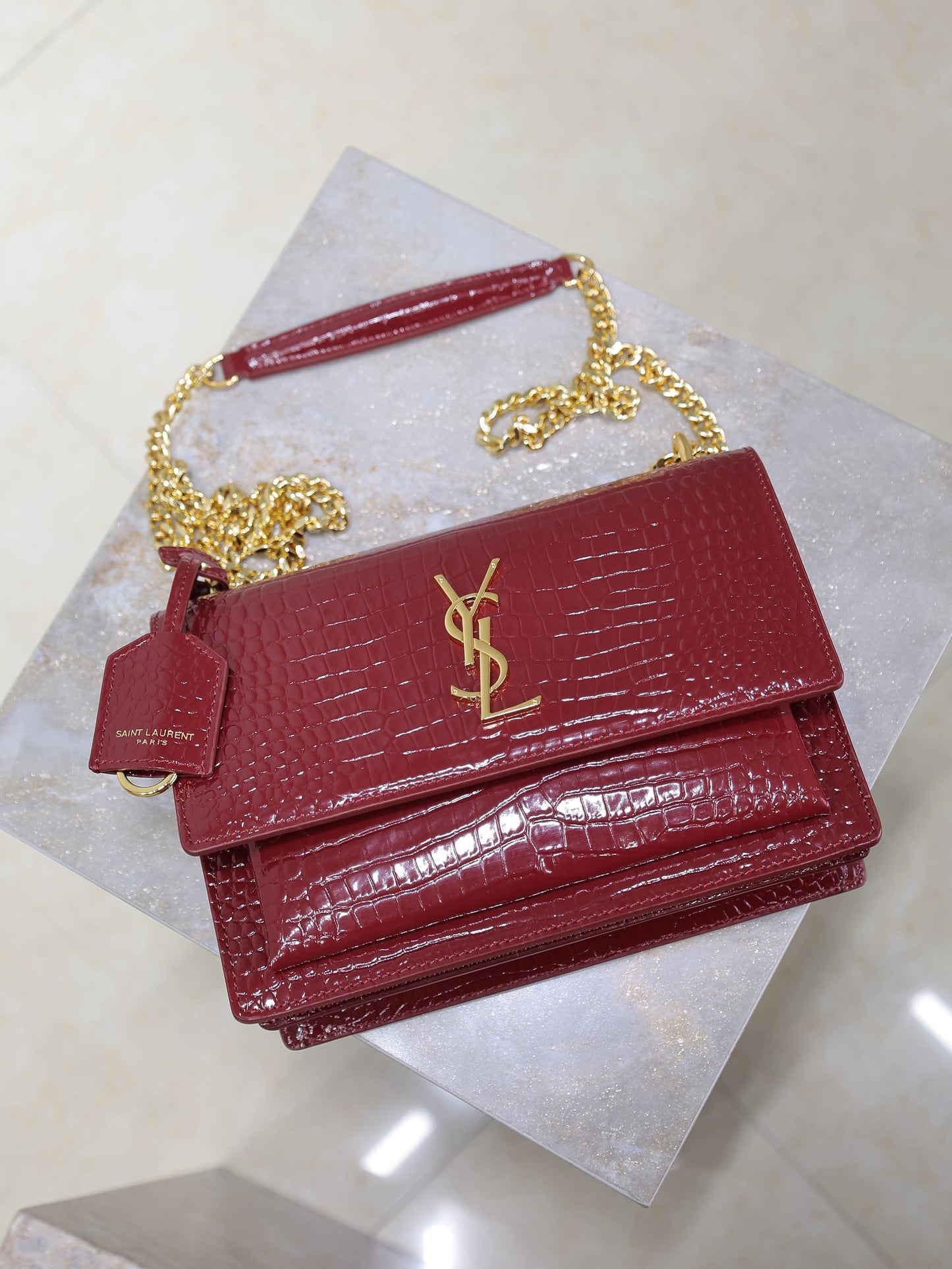 YSL Medium Sunset Shoulder Bag 22cm Burgundy Crocodile Pattern Leather mysite