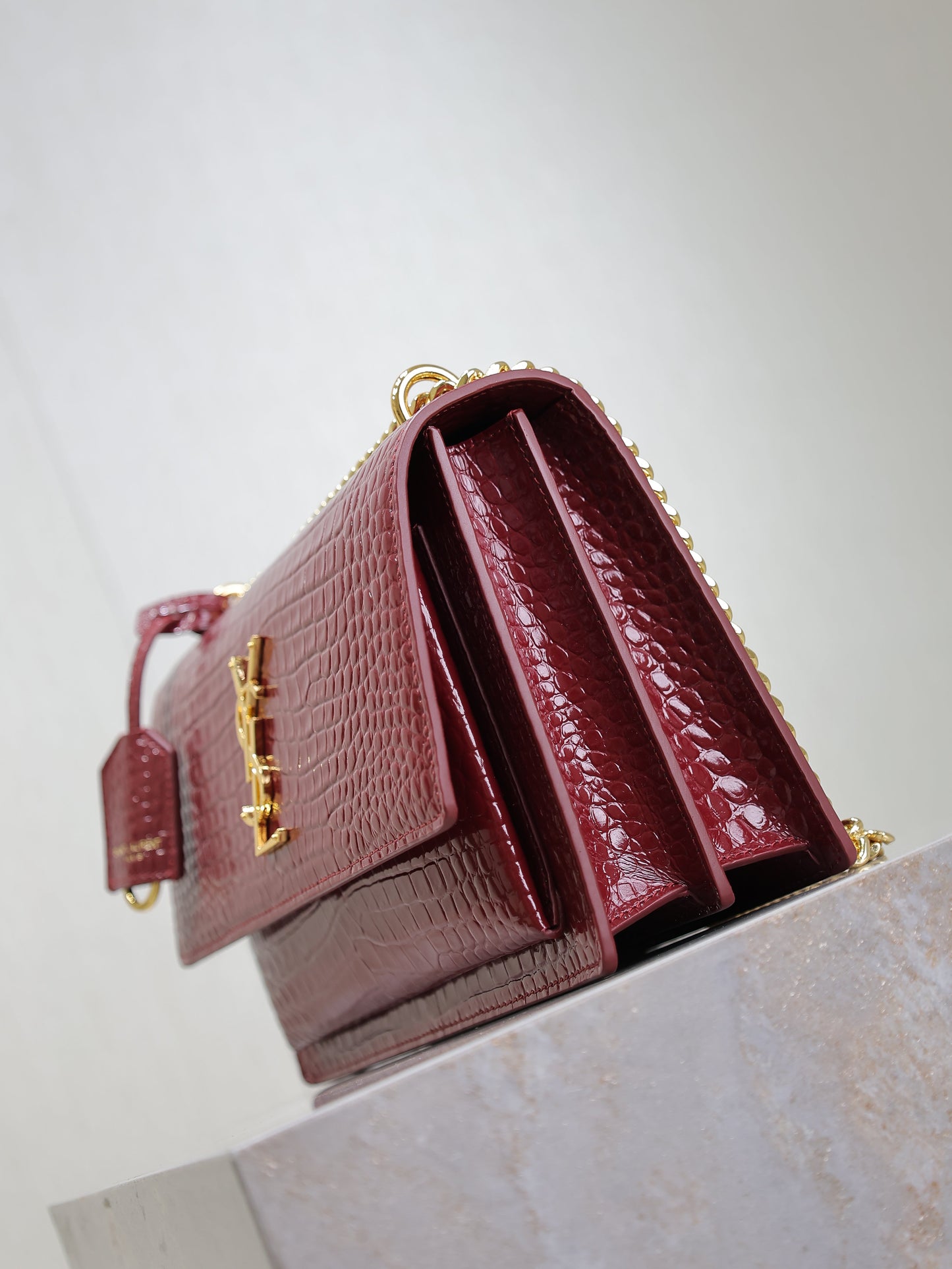 YSL Medium Sunset Shoulder Bag 22cm Burgundy Crocodile Pattern Leather mysite