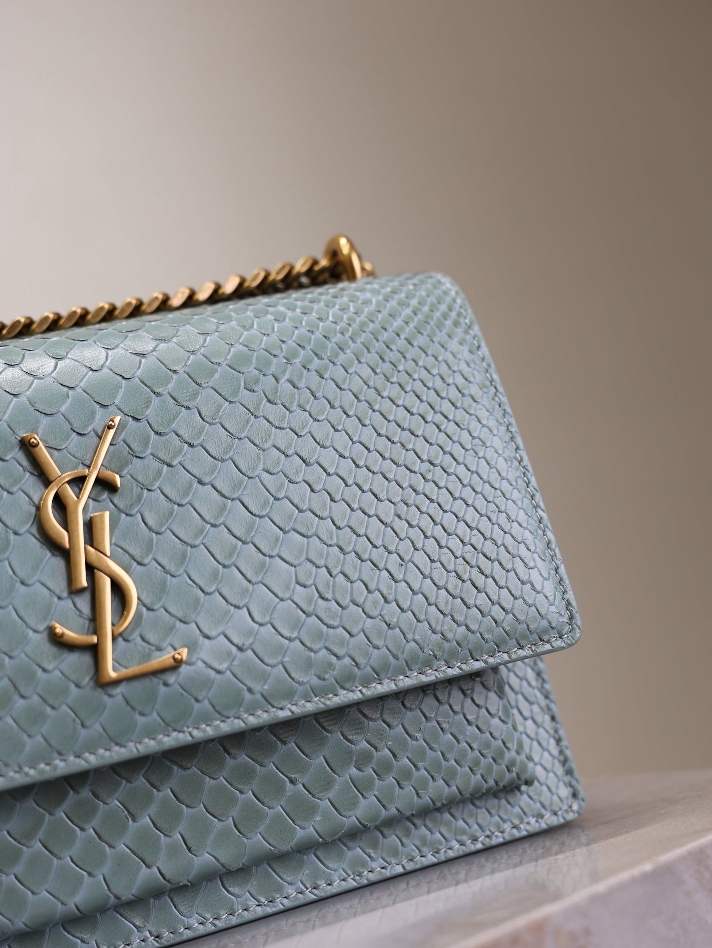 YSL Medium Sunset Shoulder Bag 22cm Grayish Blue Python Pattern Leather mysite