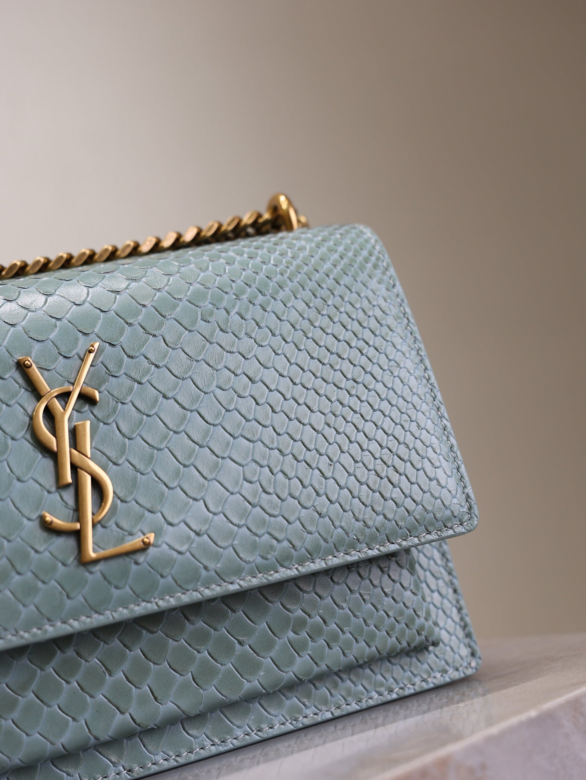 YSL Medium Sunset Shoulder Bag 22cm Grayish Blue Python Pattern Leather mysite