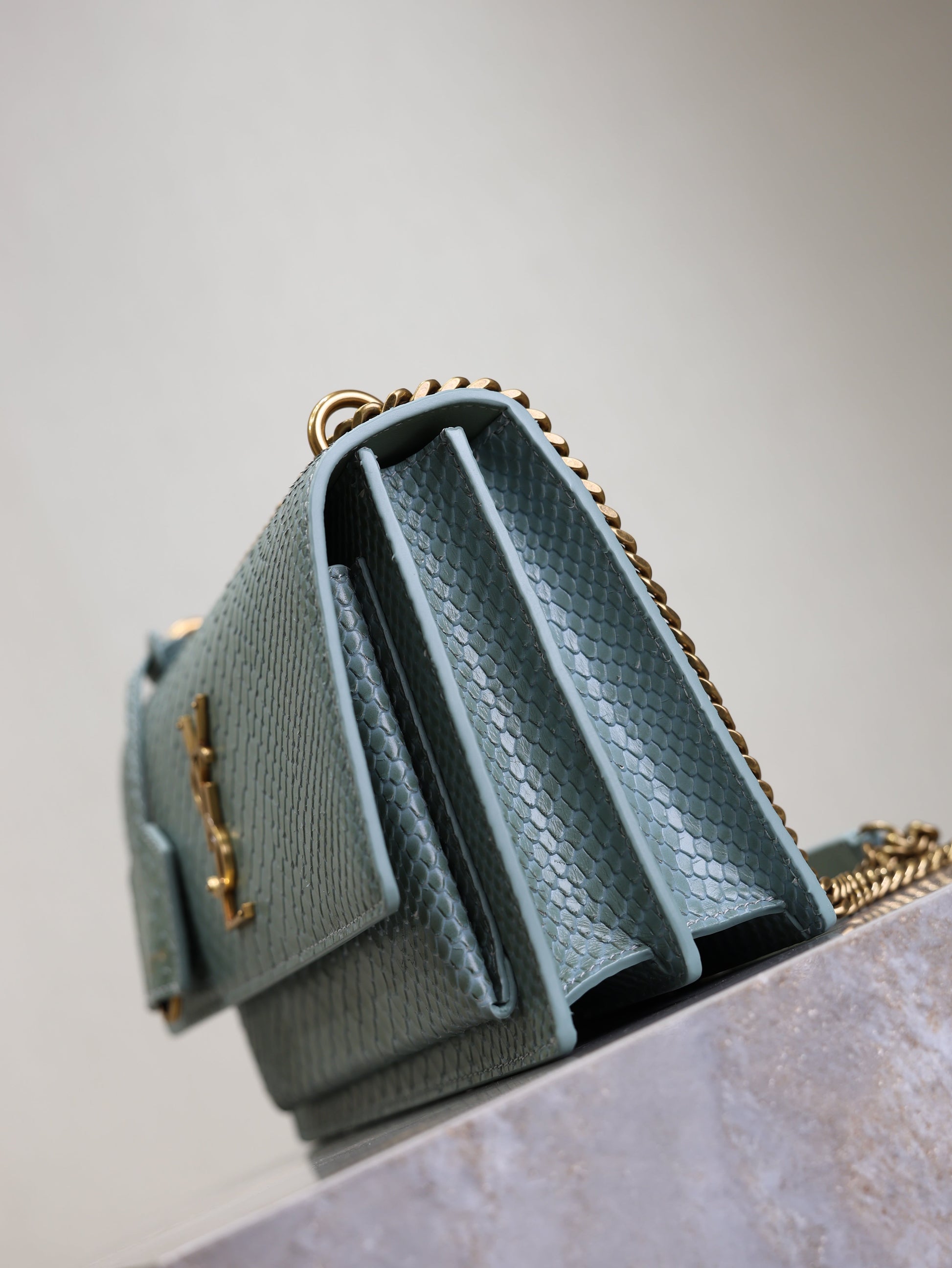 YSL Medium Sunset Shoulder Bag 22cm Grayish Blue Python Pattern Leather mysite