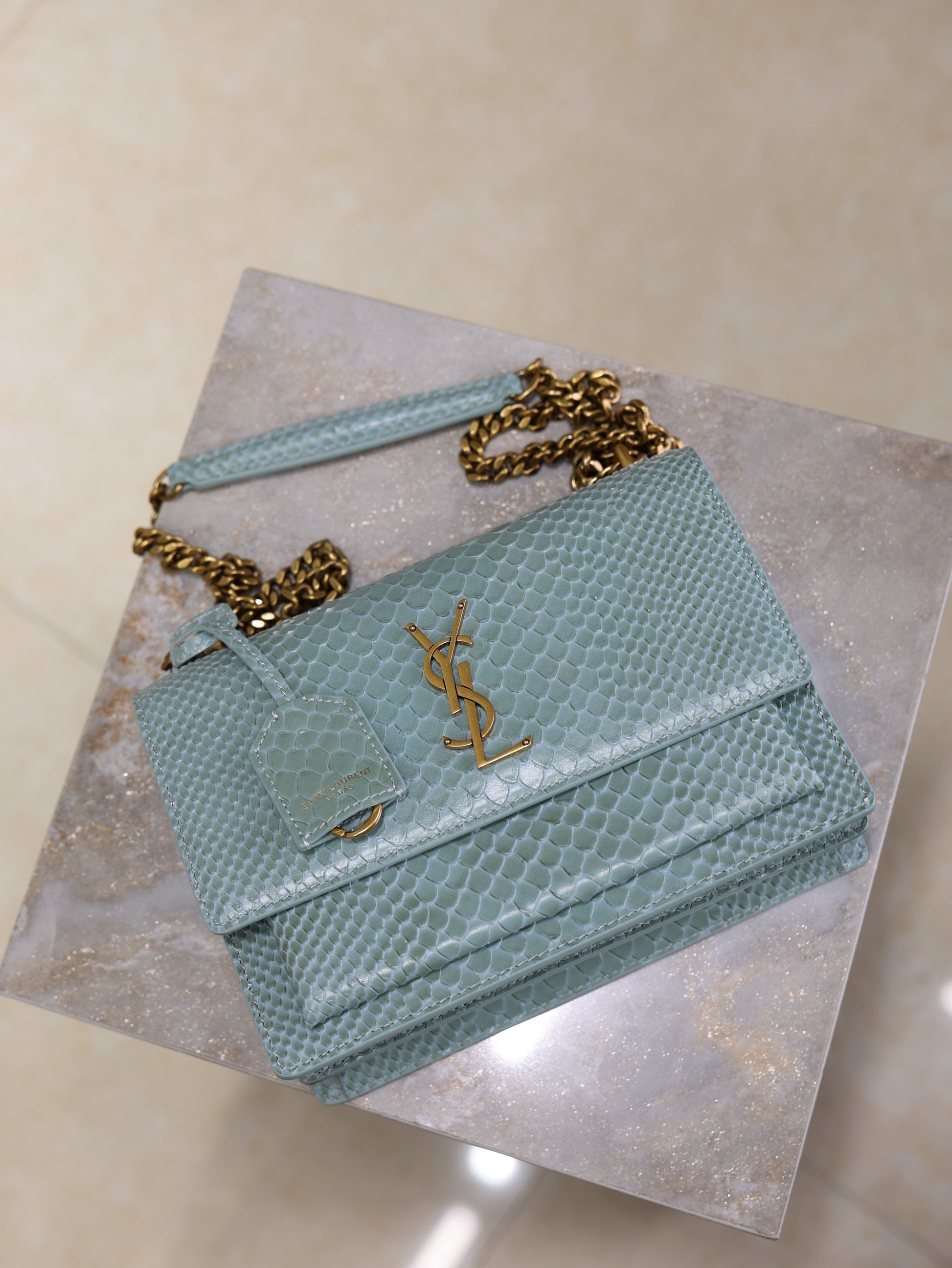 YSL Medium Sunset Shoulder Bag 22cm Grayish Blue Python Pattern Leather mysite