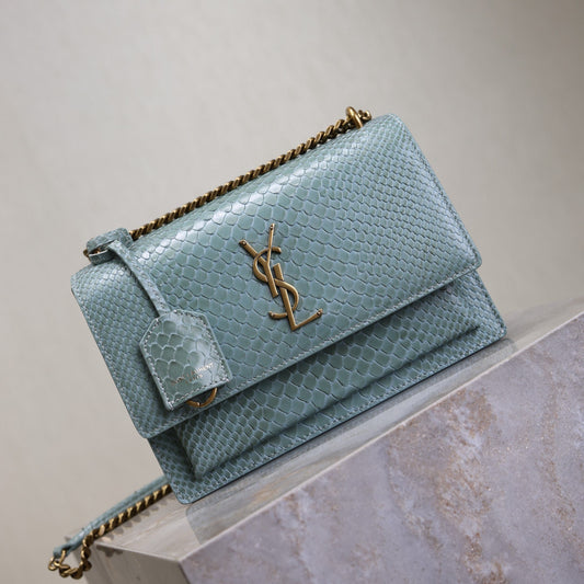 YSL Medium Sunset Shoulder Bag 22cm Grayish Blue Python Pattern Leather mysite
