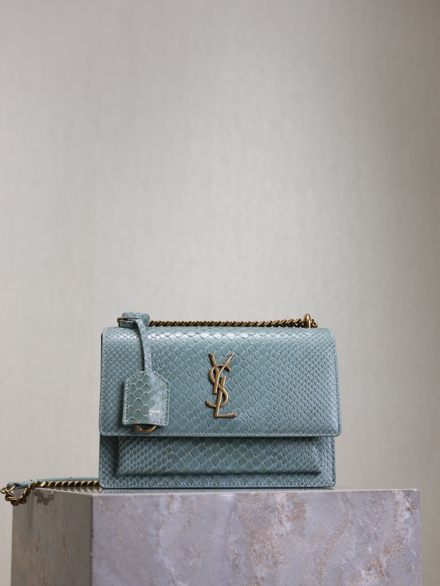 YSL Medium Sunset Shoulder Bag 22cm Grayish Blue Python Pattern Leather mysite