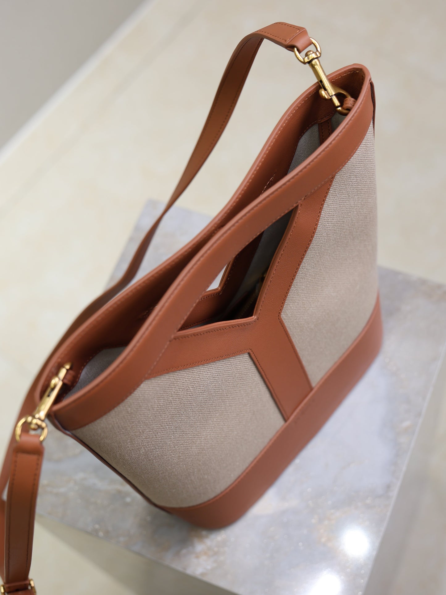 Prada Y Small Bucket 23cm Caramel Beige Canvas Leather mysite