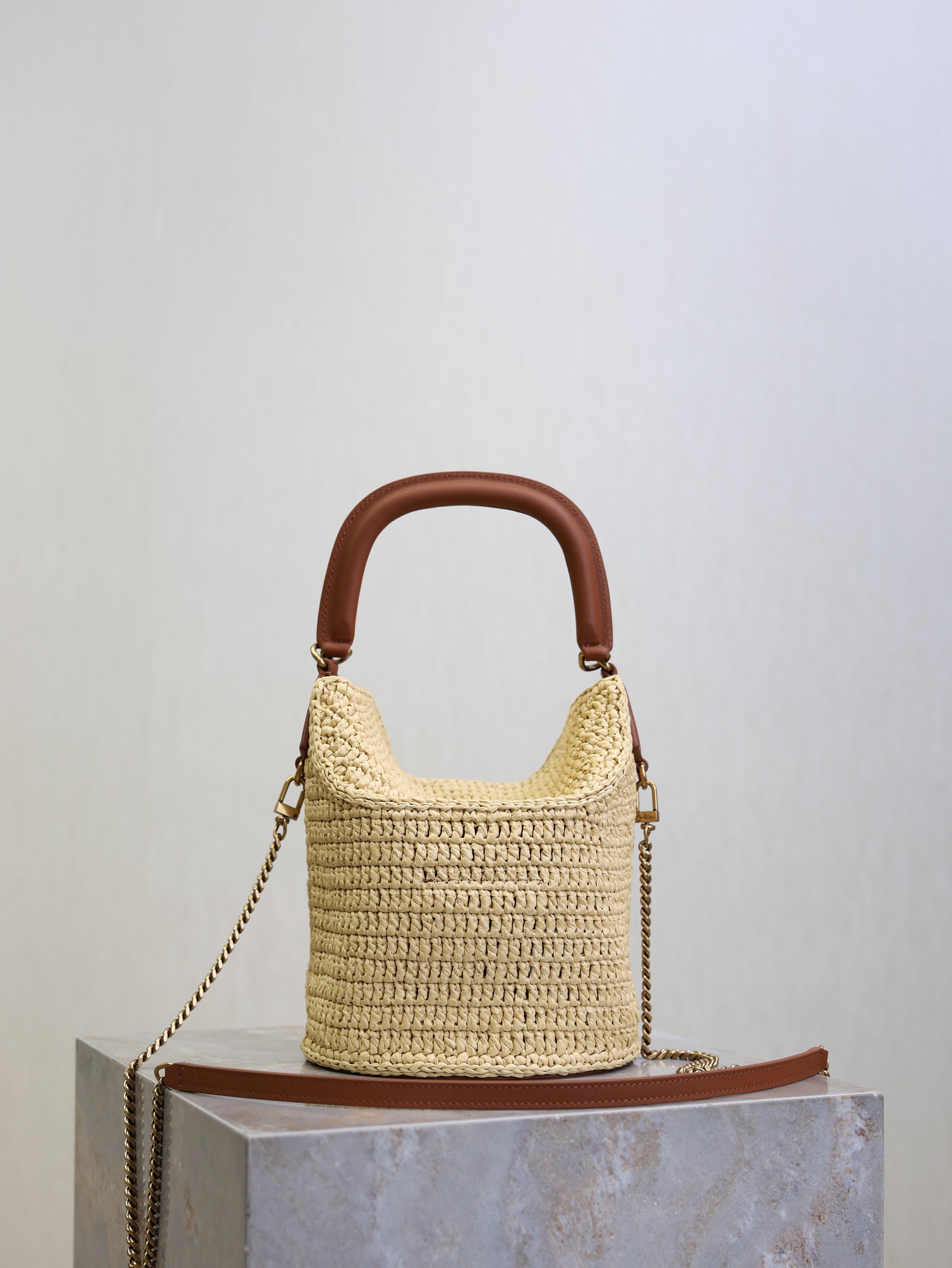 Prada GabyBucket 17cm Brown Beige Raffia Leather GHW mysite