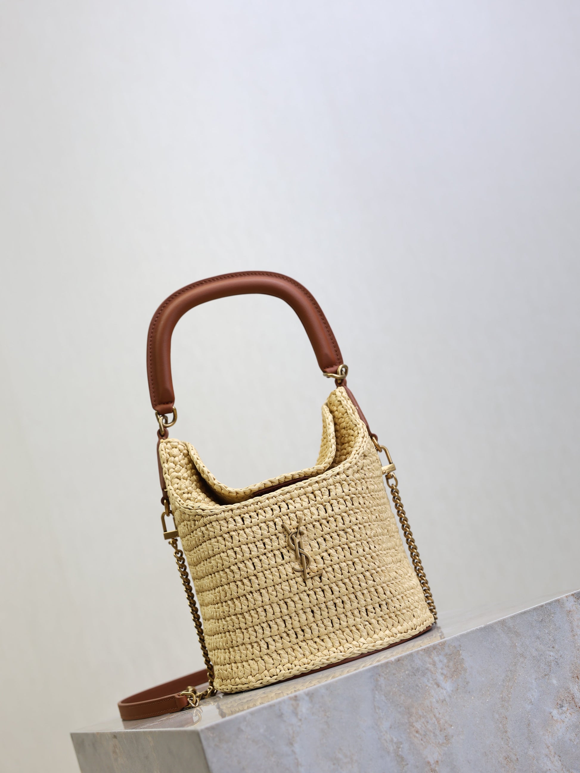 Prada GabyBucket 17cm Brown Beige Raffia Leather GHW mysite