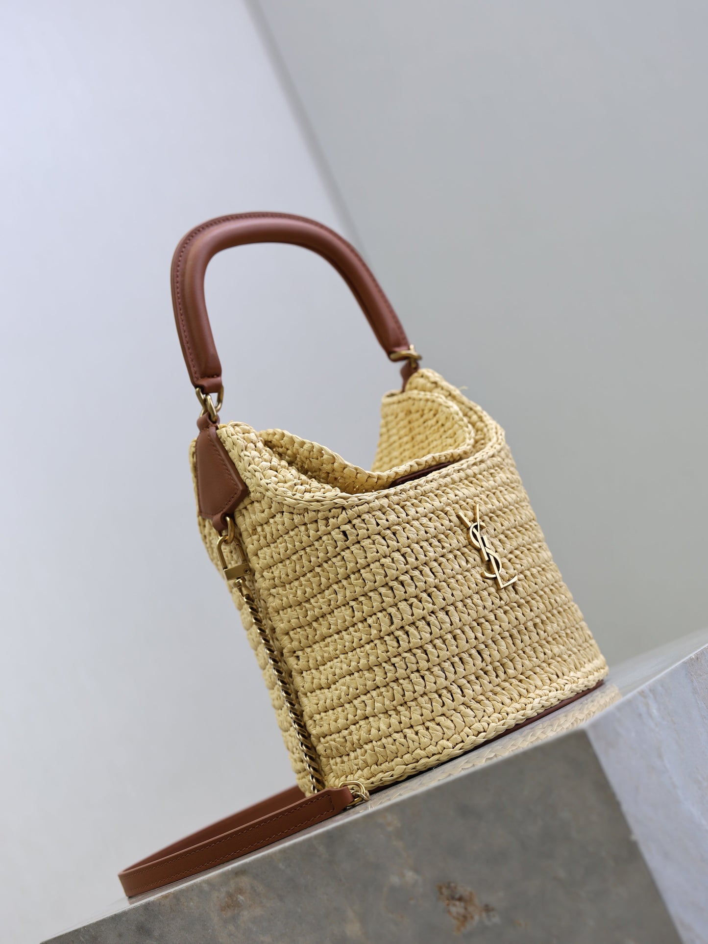 Prada GabyBucket 17cm Brown Beige Raffia Leather GHW mysite